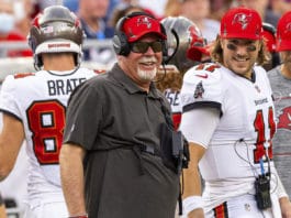 TAMPA, FL - September 19, 2021 - Head Coach Bruce Arians and Quarterback Blaine Gabbert #11 of the Tampa Bay Buccaneers during the game between the Atlanta Falcons and Tampa Bay Buccaneers at Raymond James Stadium. The Buccaneers won the game, 48-25. Photo By Jason Parkhurst/Tampa Bay Buccaneers