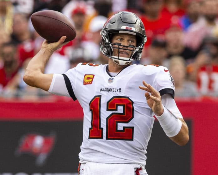 TAMPA, FL - September 19, 2021 - Quarterback Tom Brady #12 of the Tampa Bay Buccaneers during the game between the Atlanta Falcons and Tampa Bay Buccaneers at Raymond James Stadium. The Buccaneers won the game, 48-25. Photo By Jason Parkhurst/Tampa Bay Buccaneers