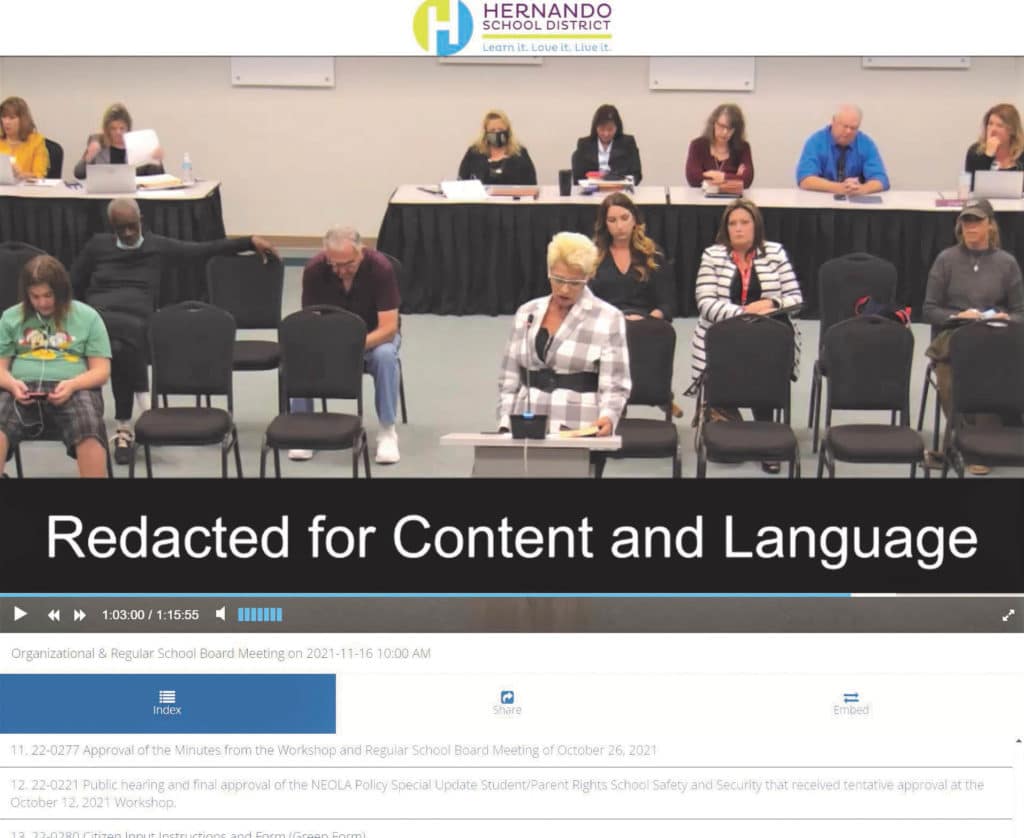 Screenshot of official school board meeting video.  Wendy Porter reads from "Looking for Alaska" during citizens comments at the Nov. 16, 2021 Hernando County School Board meeting.