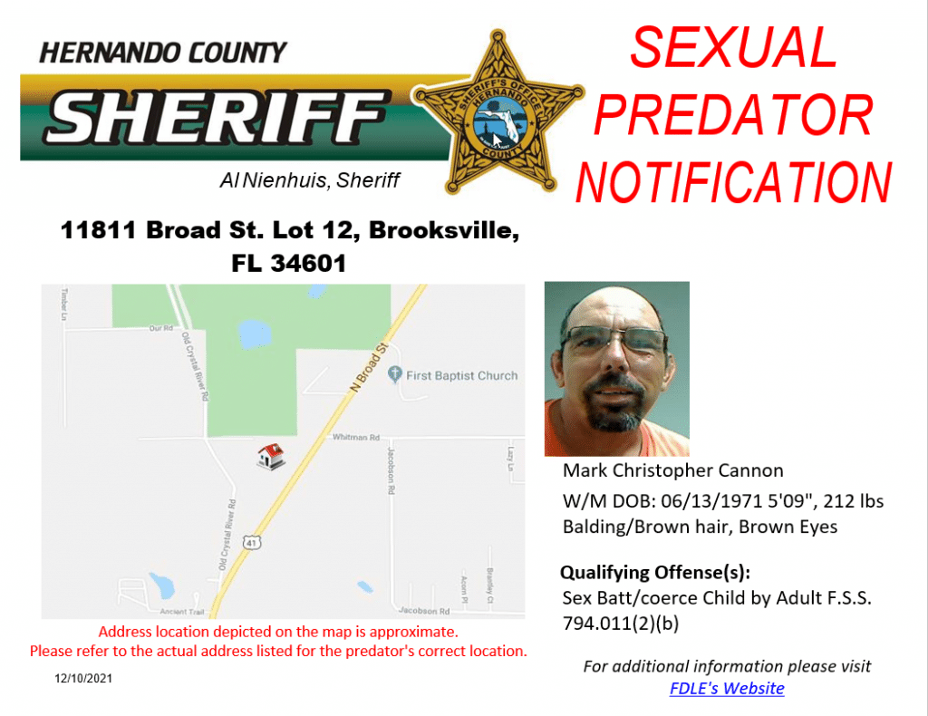 Sex Predator Address Change Mark Christopher Cannon 11811 Broad St Lot 12 Brooksville