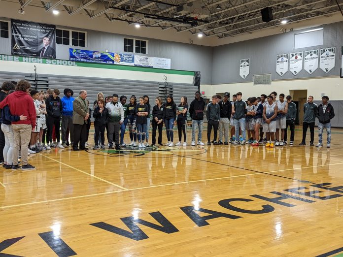 Weeki Wachee and Central High School boys basketball team and the Weeki Wachee girls volleyball team gathered to celebrate the life of a beloved coach, William Saffore, who had passed away in early January.