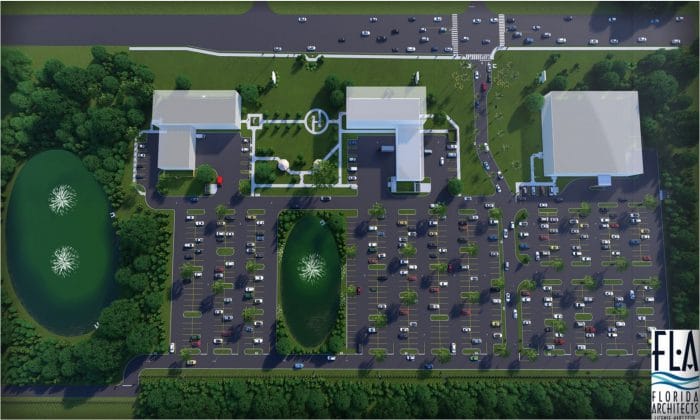An architectural rendering of the Dennis Wilfong Center for Success, showing all three facilities: The HCSD Suncoast Technical Center facility in the center, PHSC Corporate College to the left and the Hernando County municipal building to the right.