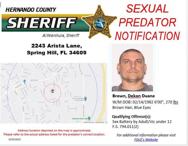 Sexual Predator Notification Dekon Duane Brown 2243 Arista Land Spring Hill