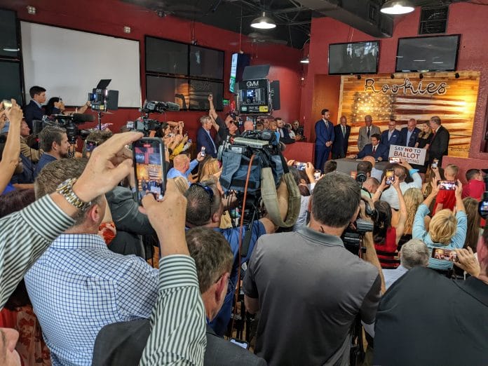 DeSantis drew a large crowd for his bill signing at Rookies, a popular neighborhood sports bar in Spring Hill. April 25, 2022
