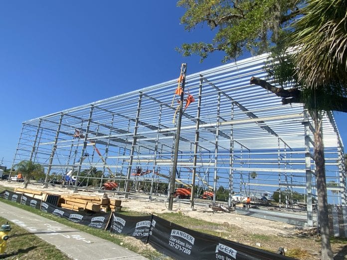Up-close view of the construction of a new boat storage garage at Hernando Beach Marina. It will have racks for more than 108 boats. Photo by Summer Hampton.