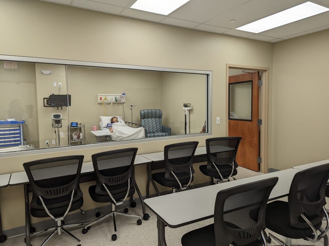 Jersey College - School of Nursing at Bravera Health From this room students can watch their peers while scenarios are played out in the mock hospital rooms.