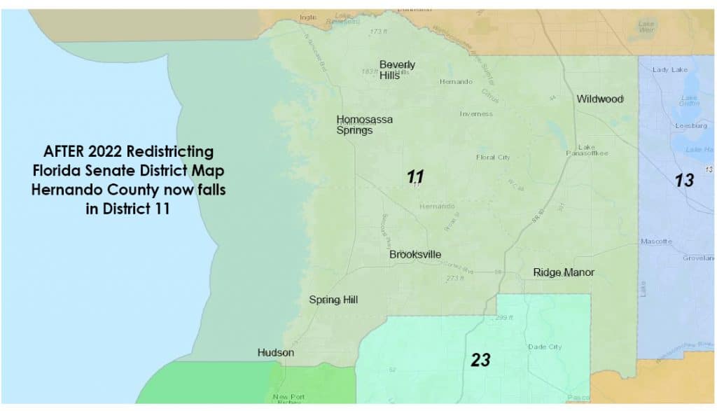 AFTER 2022 Redistricting Florida Senate District Map Hernando County now falls in District 11