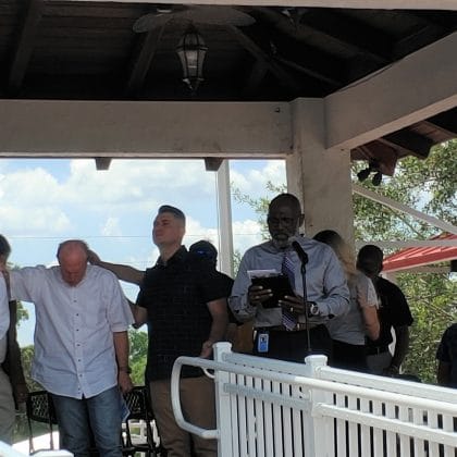 (L-R) Reverend Tim Coats, Evangelist Javen Mirabella, Pastor Dell Barnes/ May 5, 2022 National Day of Prayer, Brooksville Commons / Photo by Sarah Nachin