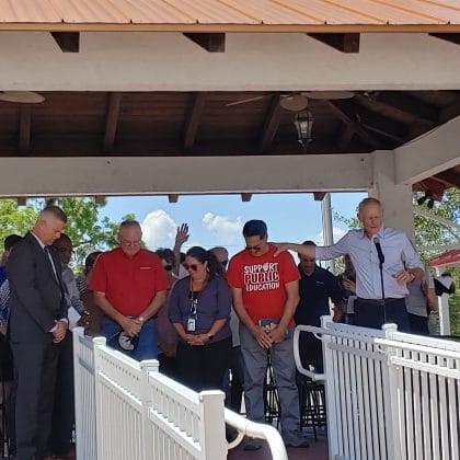 Local pastors praying over Hernando County School officials and teachers/ May 5, 2022 National Day of Prayer, Brooksville Commons/ Photo by Sarah Nachin