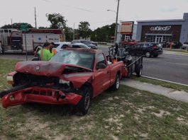 Pickup truck with trailer involved in the accident at Mariner Blvd. and Libby Lane