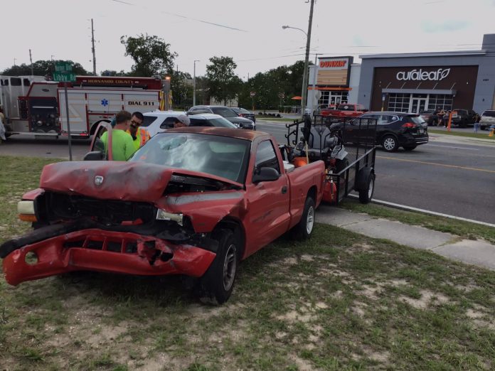 Pickup truck with trailer involved in the accident at Mariner Blvd. and Libby Lane