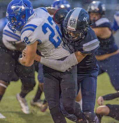 Central High , 7, Caden Bergantino takes down Anclote running back, 22, Noah Beery during the home game with Anclote High.Photo by JOE DiCRISTOFALO