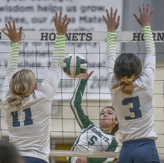 Hornets ,5, Joelysee Morales managed to split the Central defense of ,11, Natalie Kupres and ,3, Jaylene Sanchez on this play. Photo by JOE DiCRISTOFALO
