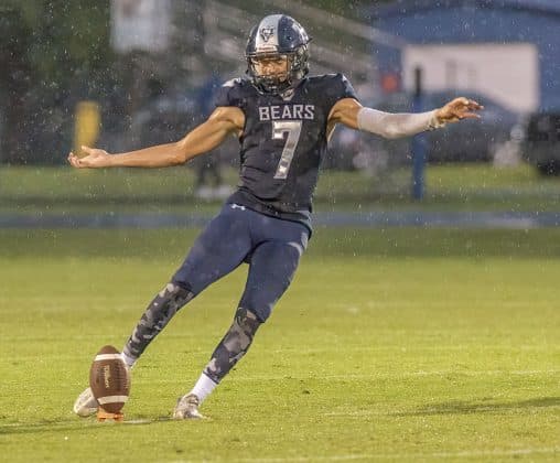 Central High, 7, Caden Bergantino puts foot to leather in the home game versus Anclote High. Photo by JOE DiCRISTOFALO