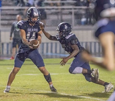 Central High ,14, Caden Bergantino hands ball off to , 5, Evan Spears who scored a touchdown on the play against Anclote High.Photo by JOE DiCRISTOFALO
