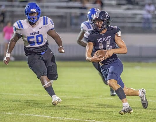 Central High, 14, Braden Joyner escaped the pocket for a 23 yard scoring run in the 44-8 win over Anclote High. Photo by JOE DiCRISTOFALO