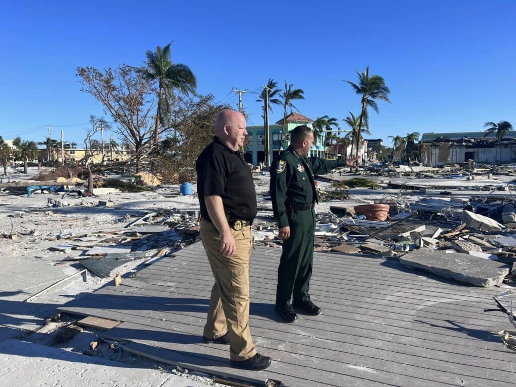 Lee County Sheriff Carmine Marceno surveys damage on Fort Myers Beach. Photo via Lee County Sheriff's Office/ Facebook.