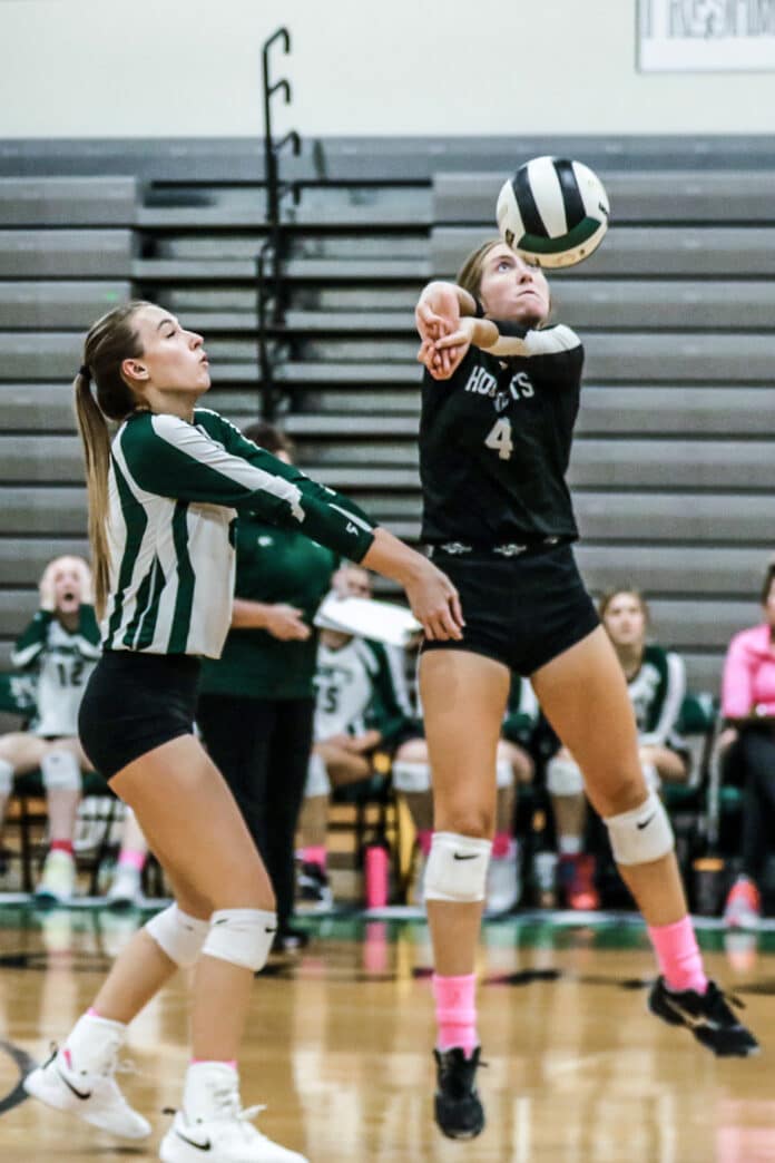 Hornets No. 4 Sr. Allora Murray and No 5 Sr. Joelysee Morales work together continuing the volley against Lecanto Panthers Wednesday October 5, 2022. Photo by Cheryl Clanton.