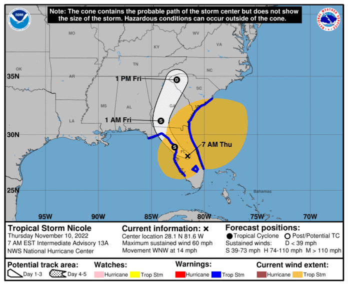 Nicole's location and wind impact, 7:00 AM