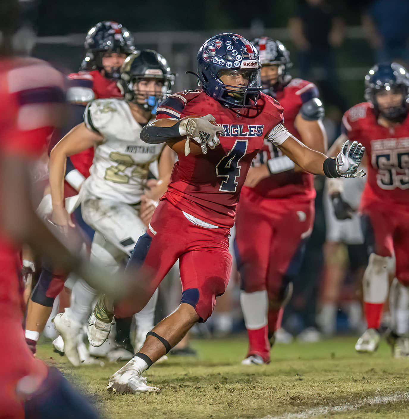 Springstead, 4, Connor Mccazzio finds running room against Mitchell High in the home play off game. Photo by JOE DiCRISTOFALO