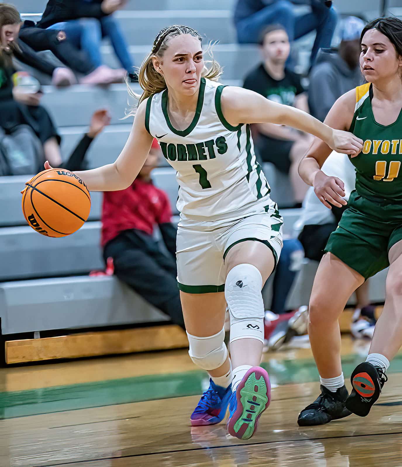 Weeki Wachee High, 1, Paige Atwater looks to pass into the paint during the game against Cypress Creek Wednesday at Weekie Wachee High. Photo by JOE DiCRISTOFALO