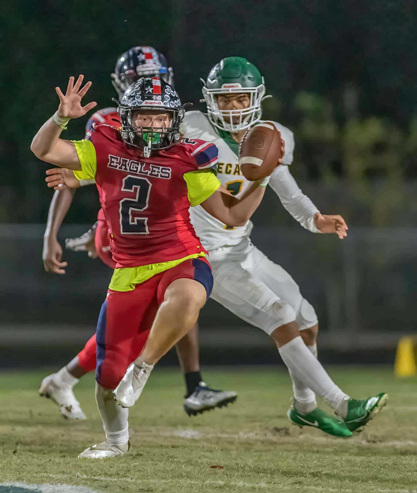 Roman Strat, 2, Springstead linebacker intercepted this Lecanto pass attempt late in the first half of Springstead High’s 14-0 win at home Friday night. Photo by JOE DiCRISTOFALO