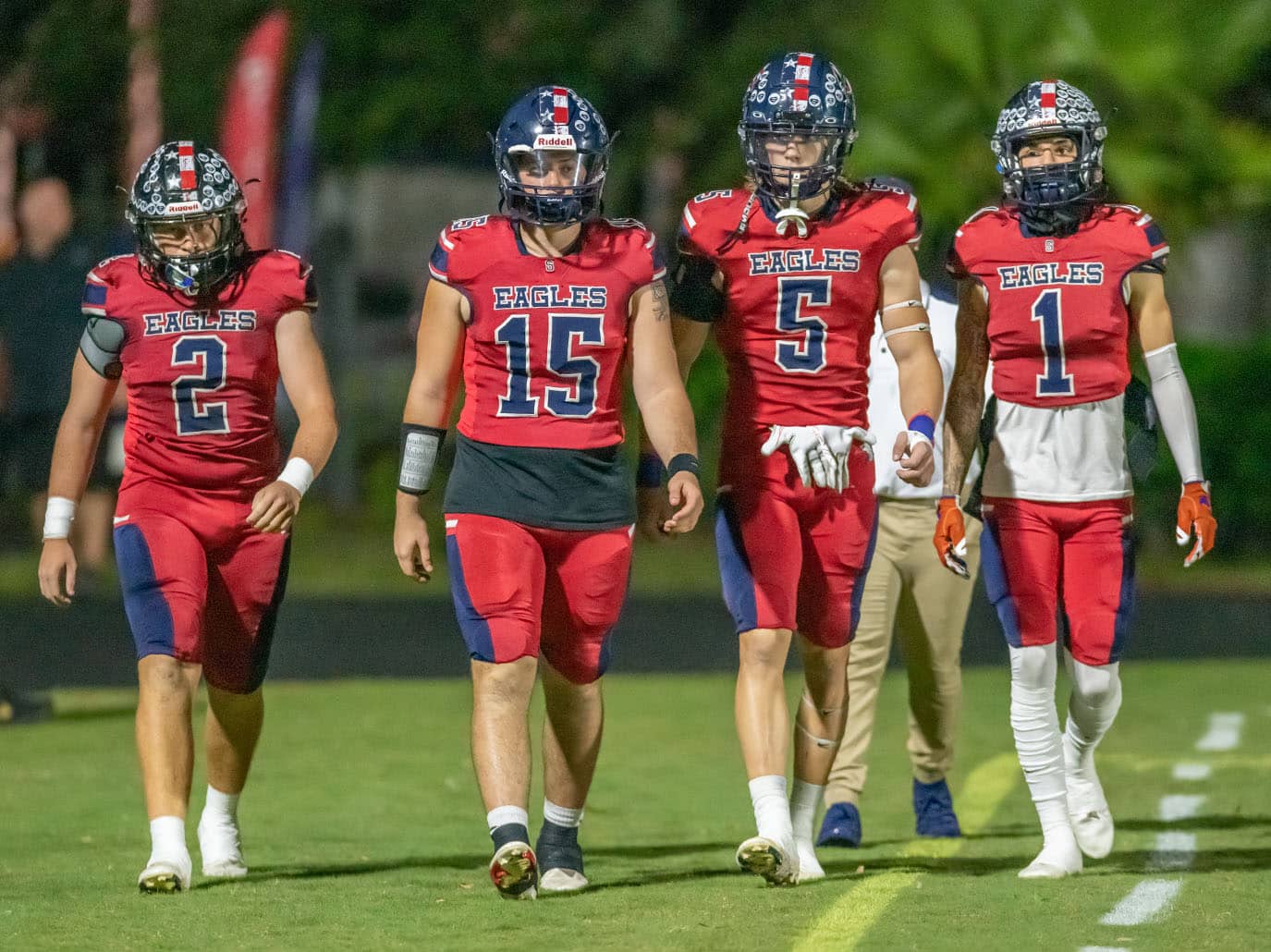 Springstead High, 2, Roman Strat, 15, Ayden Ferguson, 5, Madden Barutczuk, and 1, Luca Garguillo assemble for the coin toss before taking on Mitchell High in a home playoff. Photo by JOE DiCRISTOFALO