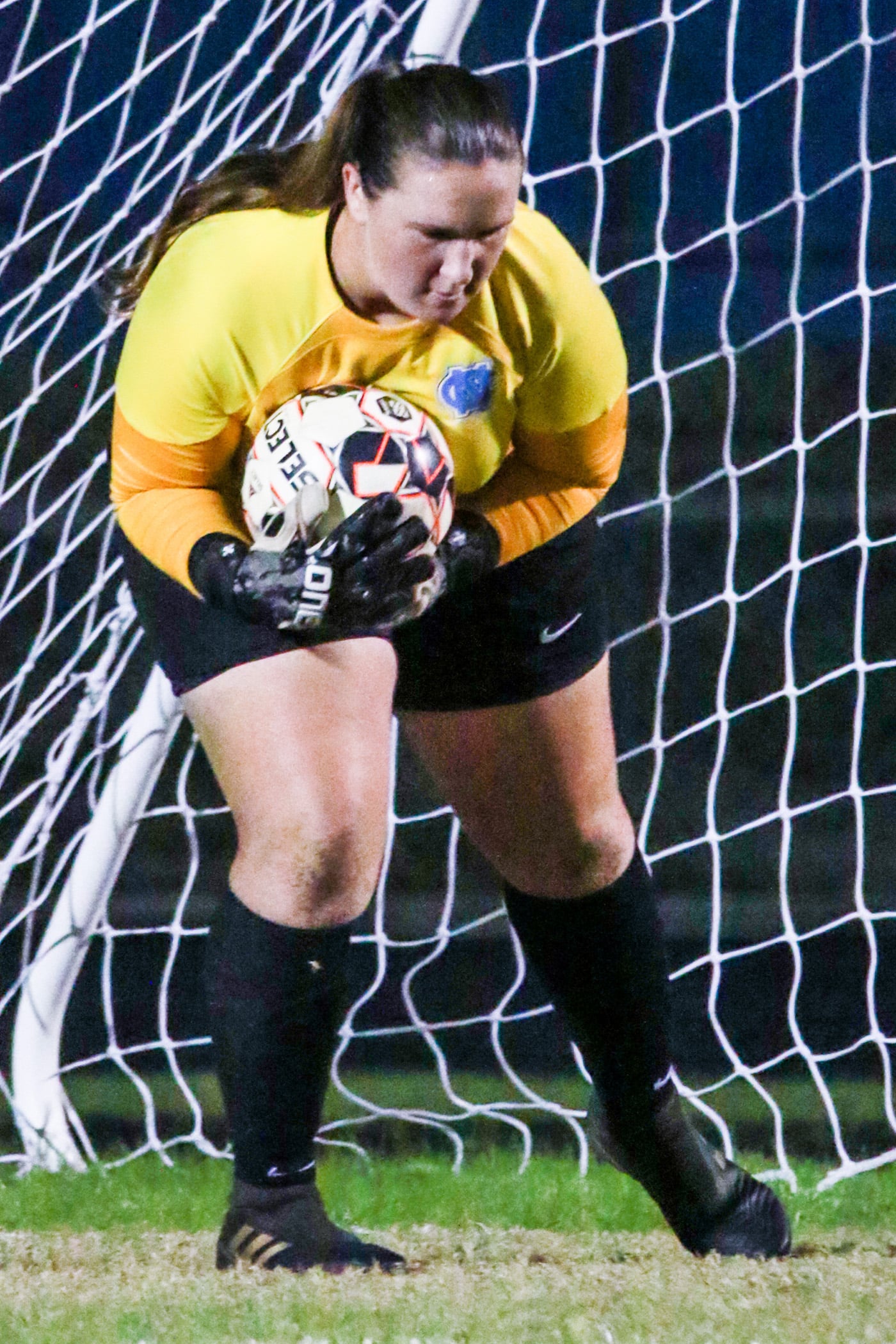 Springstead Goalie #1 name unknown protects her territory against the Sharks Wednesday night 12/14/22. Photo by Cheryl Clanton.