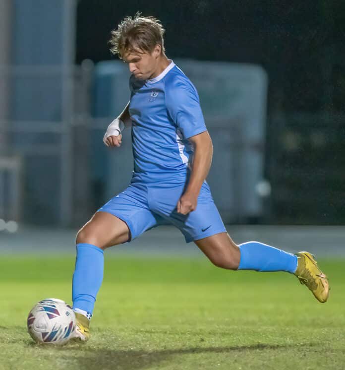 Nature Coast’s Zacary Arcidiacono scored the game's winning and only goal on this penalty kick Friday night against Springstead at NCT. Photo by JOE DiCRISTOFALO