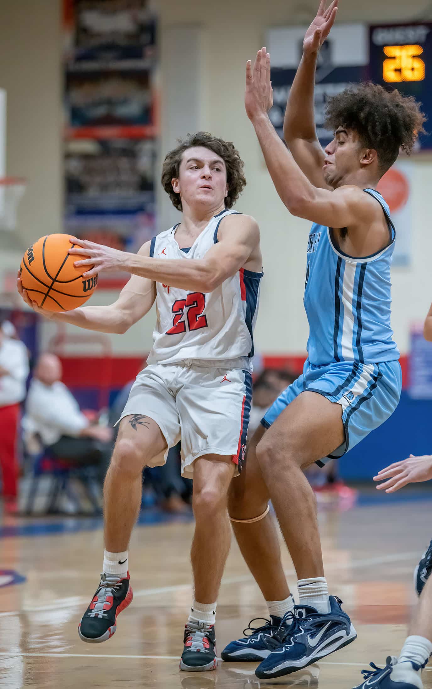Springstead High, 22, Adrian D’Acunto looks for a way around a Berkely Prep defender Wednesday in the 8th Annual Greg O’Connell Shootout at Springstead High. Photo by JOE DiCRISTOFALO