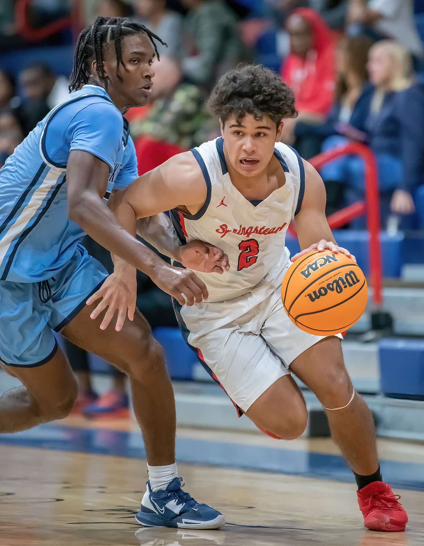 Springstead High,2, Quinn Lenimon tries ta advance past a Berkely Prep defender Wednesday in the 8th Annual Greg O’Connell Shootout at Springstead High. Photo by JOE DiCRISTOFALO
