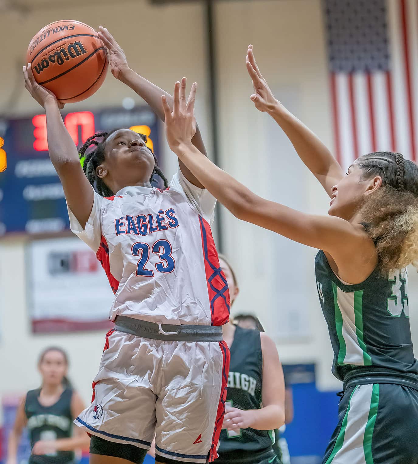 Springstead , 23,Jj’Ziyah Mumfordshoots over the defense by a Gulf High defender in the Holiday Tournament at Springstead. Photo by JOE DiCRISTOFALO