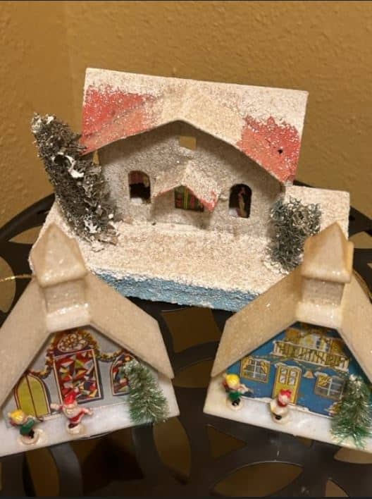 Cardboard glitter houses and plastic ones were a big part of my Christmas village. I couldn’t wait until dinner ended so I could begin an adventure under the tree!