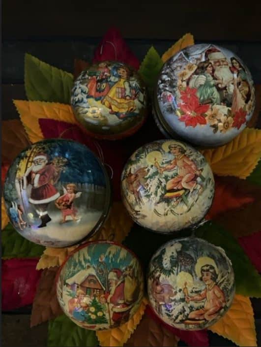 Kurt Adler paper mache ornaments. In the photo of 6 of them—The smaller ones are my family ones from 1956. The larger ornaments are a new version—I think they’re not of the same character and charm as the older ones. I liked to open up my Adler ornaments and fill them with tinsel, then shake them up!