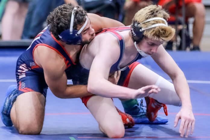 Wrestlers Springstead and Fivay compete in Fridays Distct Duels. Photos by Cheryl Clanton.