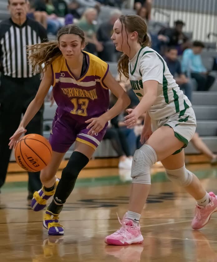 Weeki Wachee ,2, Gabby Scott guards Hernando High, 13, Gabriella Dross Tuesday 1/24/23 in Brooksville. Photo by JOE DiCRISTOFALO