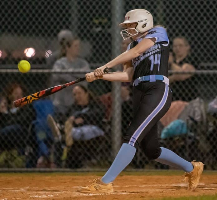 Nature Coast Tech ,14, McKenna Carr ripped a two strike pitch to deep left field for a three run triple Tuesday against visiting Weeki Wachee. Photo by JOE DiCRISTOFALO
