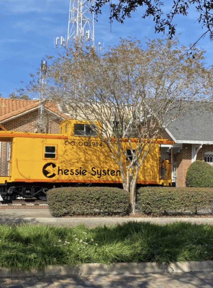 Bright yellow Chesapeake and Ohio Caboose (circa 1948) on display in downtown Winter Garden by the Heritage Museum. It was decommissioned in the early 1980s. You can tour the inside of this train car during museum visiting hours, weekdays 11 am - 3 pm, closed on Sunday and Monday.