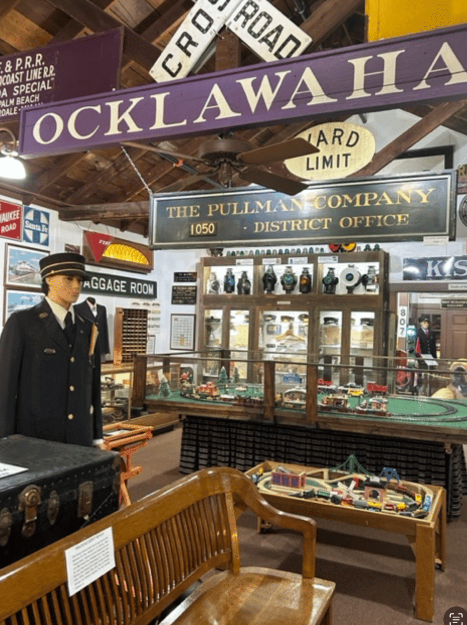 Display from the Central Florida Railroad Museum. Note the old train sign from the Oklawaha Railroad Station.