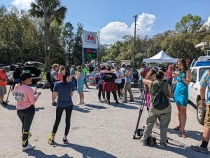 Relieved volunteers return to the command post. 