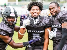 Saturdays game against the Bulldogs, Hawks #8 ATH Jamaya Clemmons made and wore the Hawks turn over chain. As #9 S Kaleb Browdy and #0 ATH Roderick Huff help Clemmons show it off.