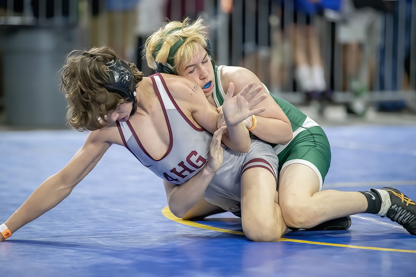 Weeki Wachee 106-pound Nick Guy defeated First Baptist High’s Everett Stephens 6-4 in a consolation match at the FHSAA IBT Championships in Kissimmee. Photo by JOE DiCRISTOFALO