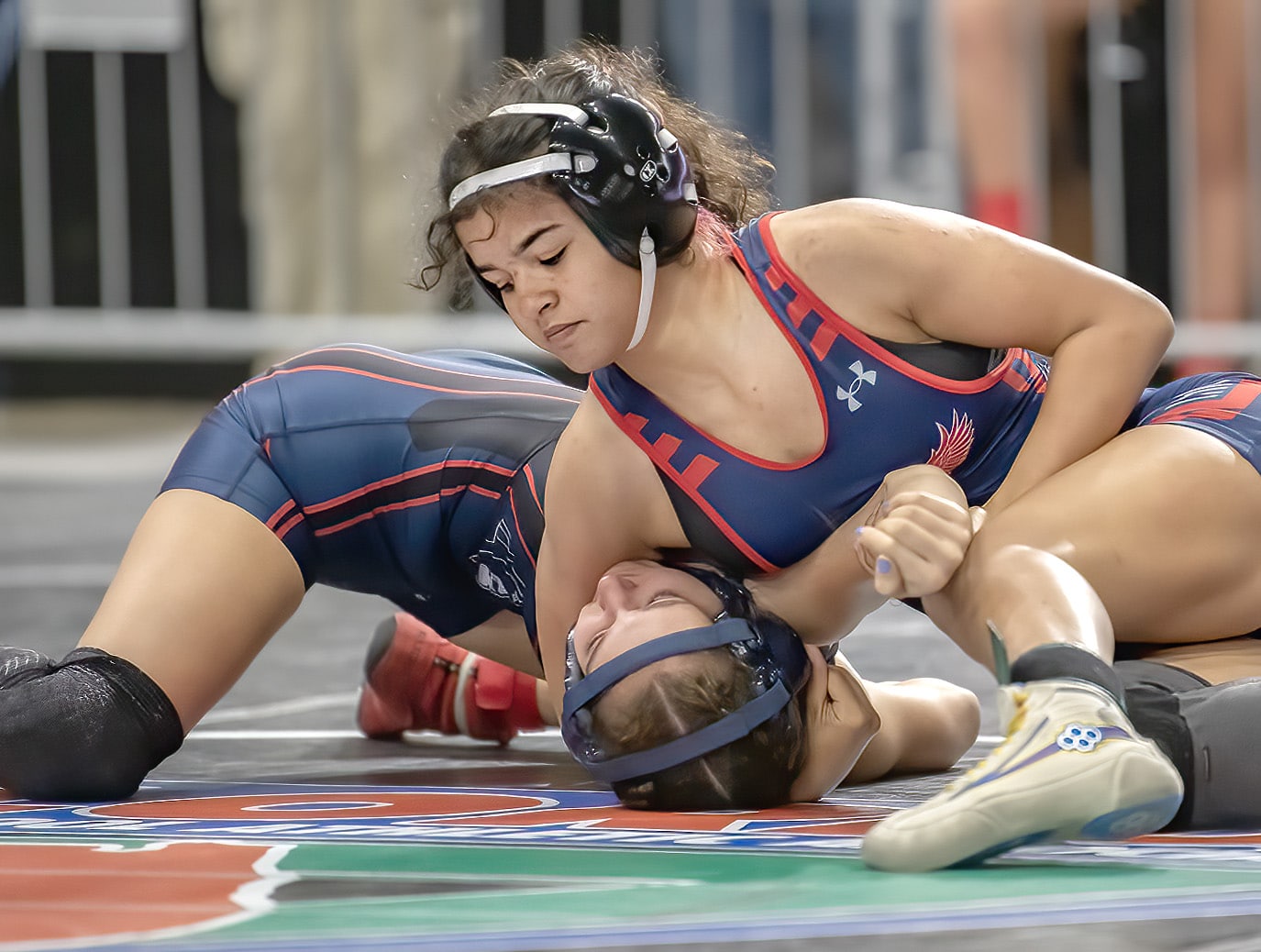 Springstead High’s 115-pound competitor, Emma Bauknight, defeated Florida Christian School’s Isabella Garcia pinning her in the first round of a consolation match at the FHSAA IBT Championships in Kissimmee. Photo by JOE DiCRISTOFALO