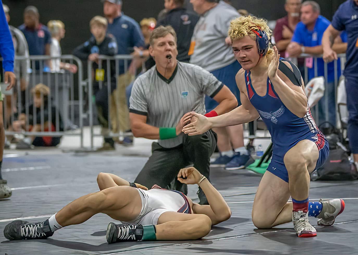 Springstead High’s 138-pound competitor, Josh Gallo celebrates after a last-second win over Austin Chang from Freedom High 6-4 at the FHSAA IBT Championships in Kissimmee. Photo by JOE DiCRISTOFALO