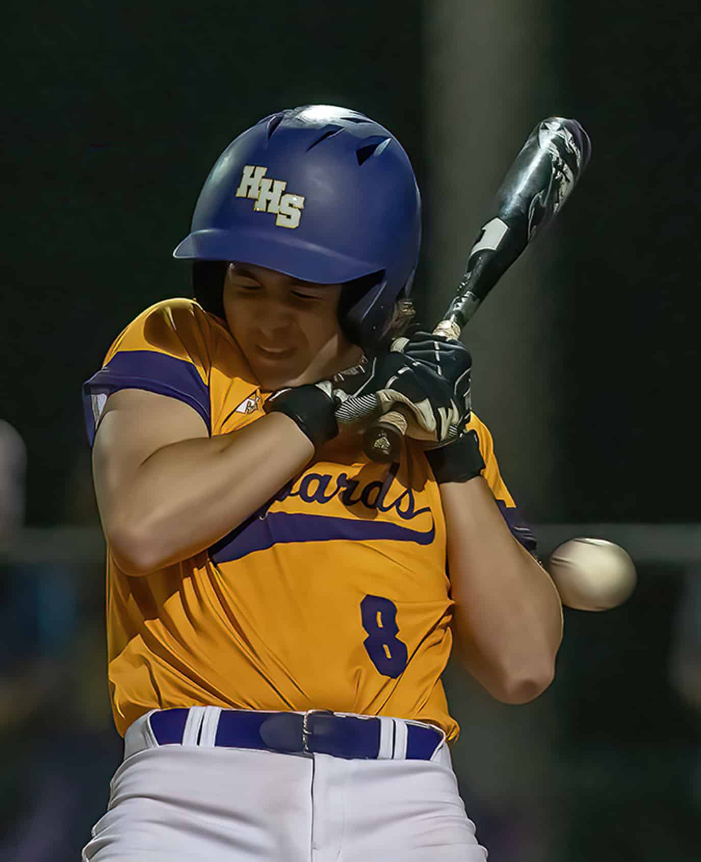 Hernando High’s Kaine Ellis reacts to an inside pitch in the game at Nature Coast Tech Tuesday night. Photo by JOE DiCRISTOFALO