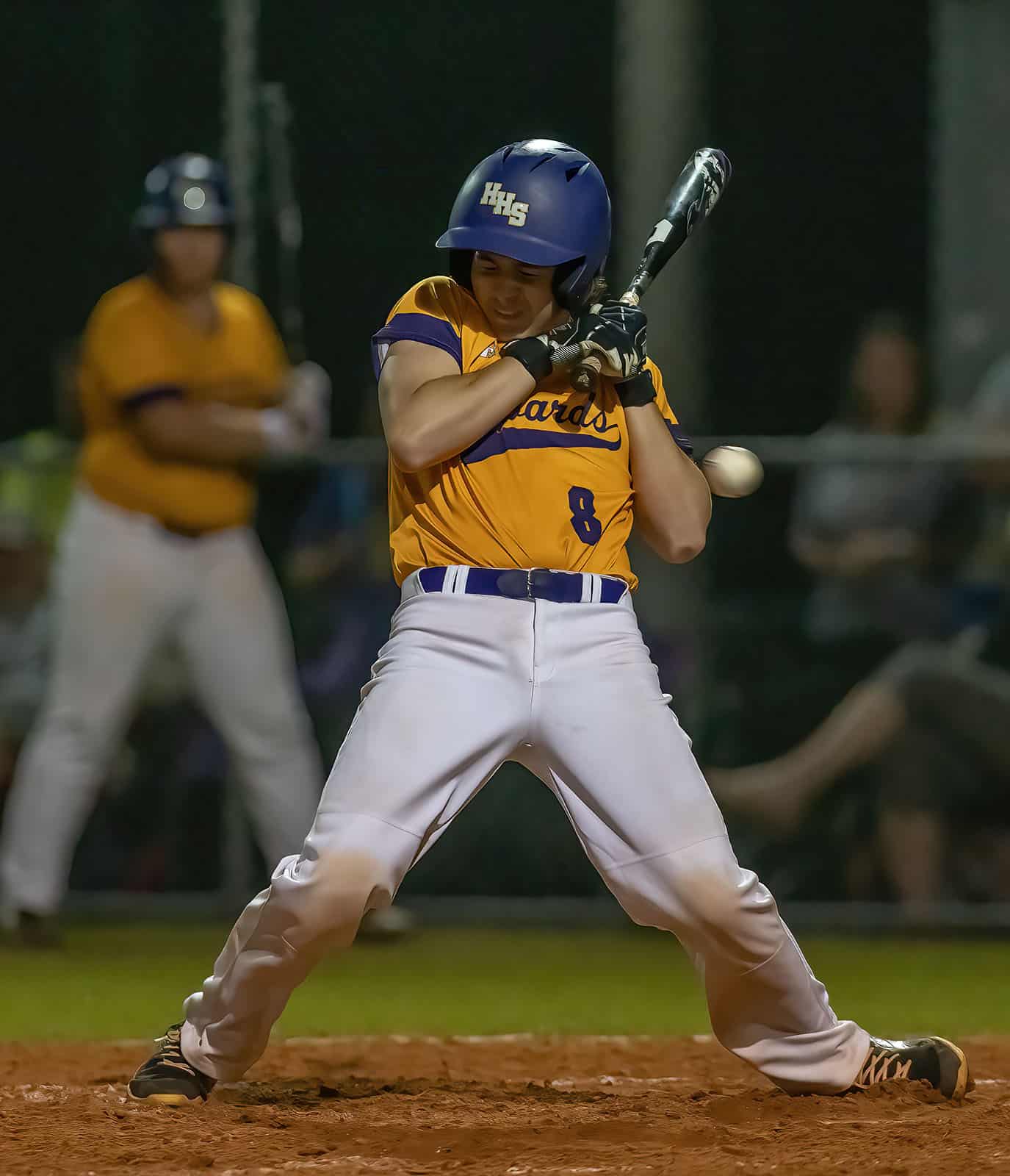 Hernando High’s Kaine Ellis reacts to an inside pitch in the game at Nature Coast Tech Tuesday night. Photo by JOE DiCRISTOFALO