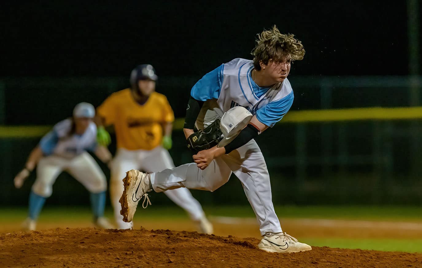 Nature Coast starting pitcher,5, Gavin McMurdopitches out of his hat in the game against visiting Hernando High Tuesday night. Photo by JOE DiCRISTOFALO