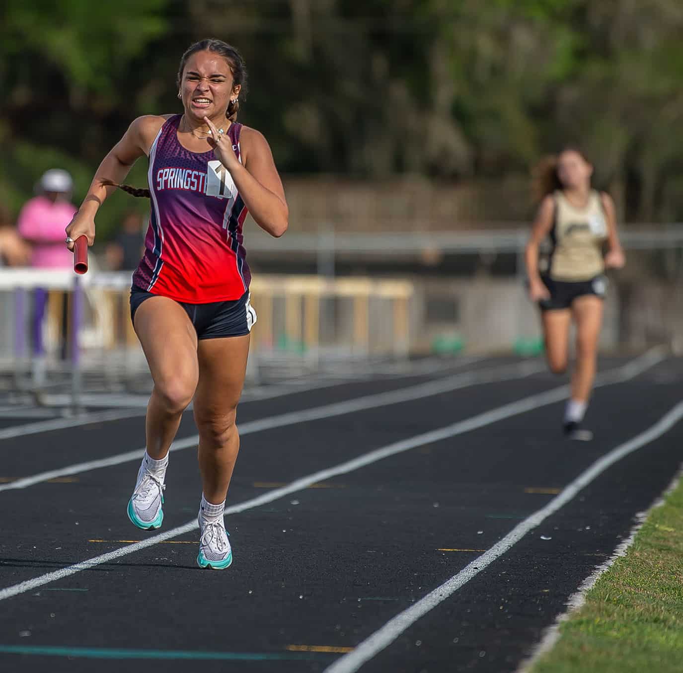 Springstead High’s Frances Martins brings home the anchor leg of the 4x800 relay in the Kiwanis Invitational at Hernando High. Photo by JOE DiCRISTOFALO