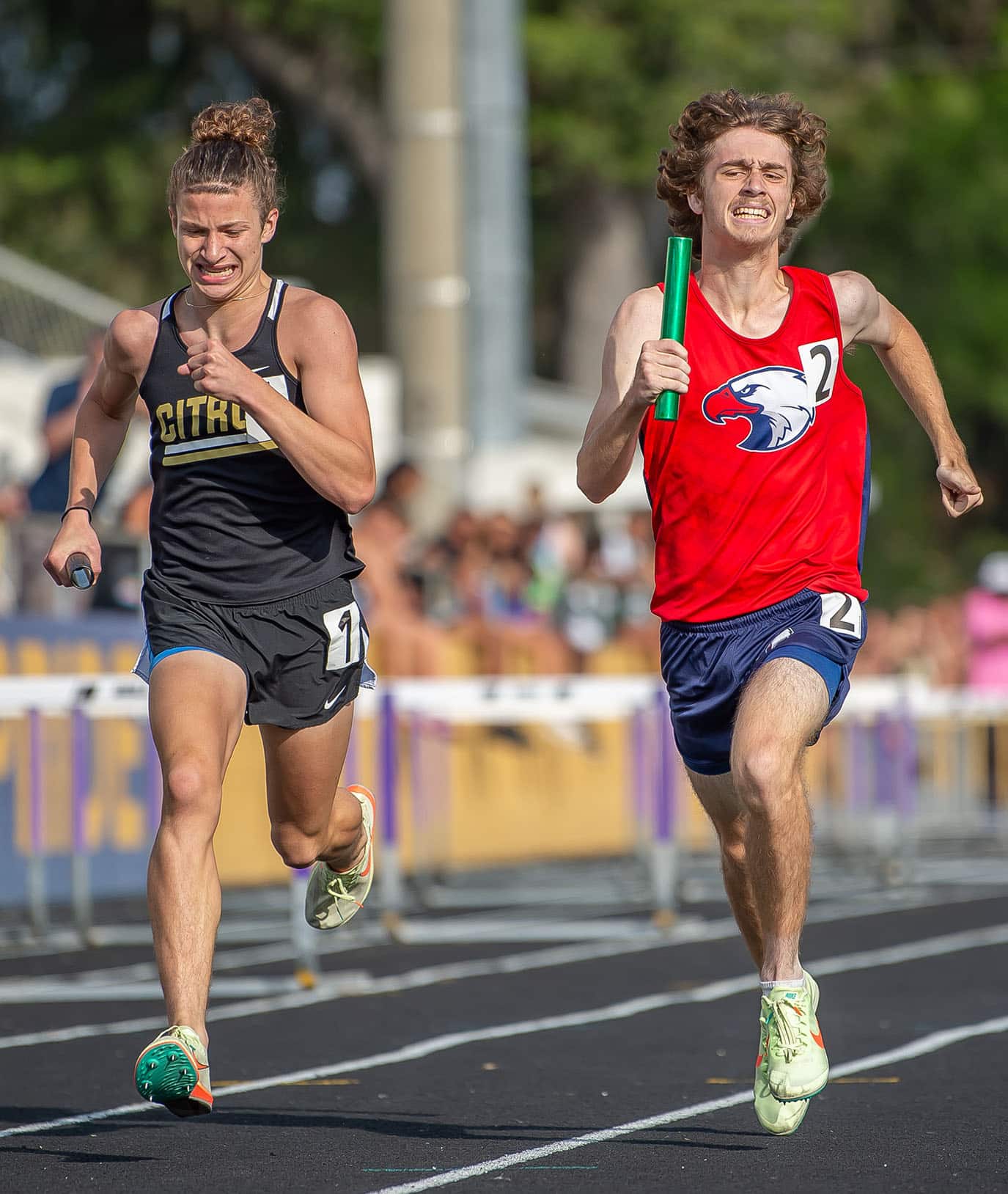 Springstead High’s Andrew Brittain anchored the 4x800 relay finishing a split second behind Citrus High. Photo by JOE DiCRISTOFALO