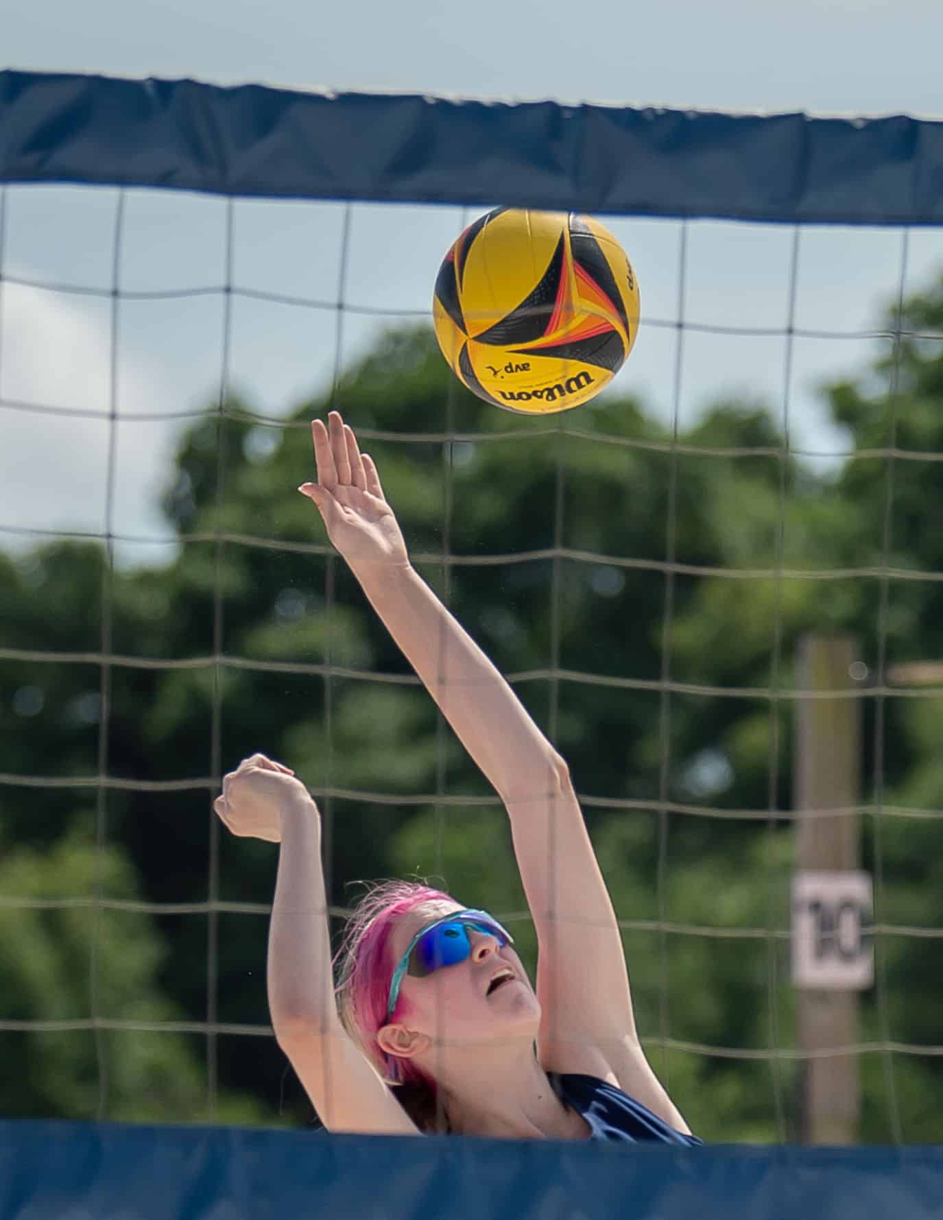 Springstead High , Kat Schrader attempts to direct a volley during Wednesday afternoon Beach Volleyball contest versus Nature Coast Tech at Bishop McLaughlin Catholic High School.photo by JOE DiCRISTOFALO